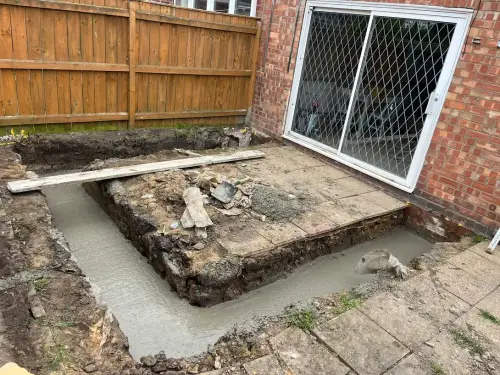 Patio area dug out with a concrete base poured