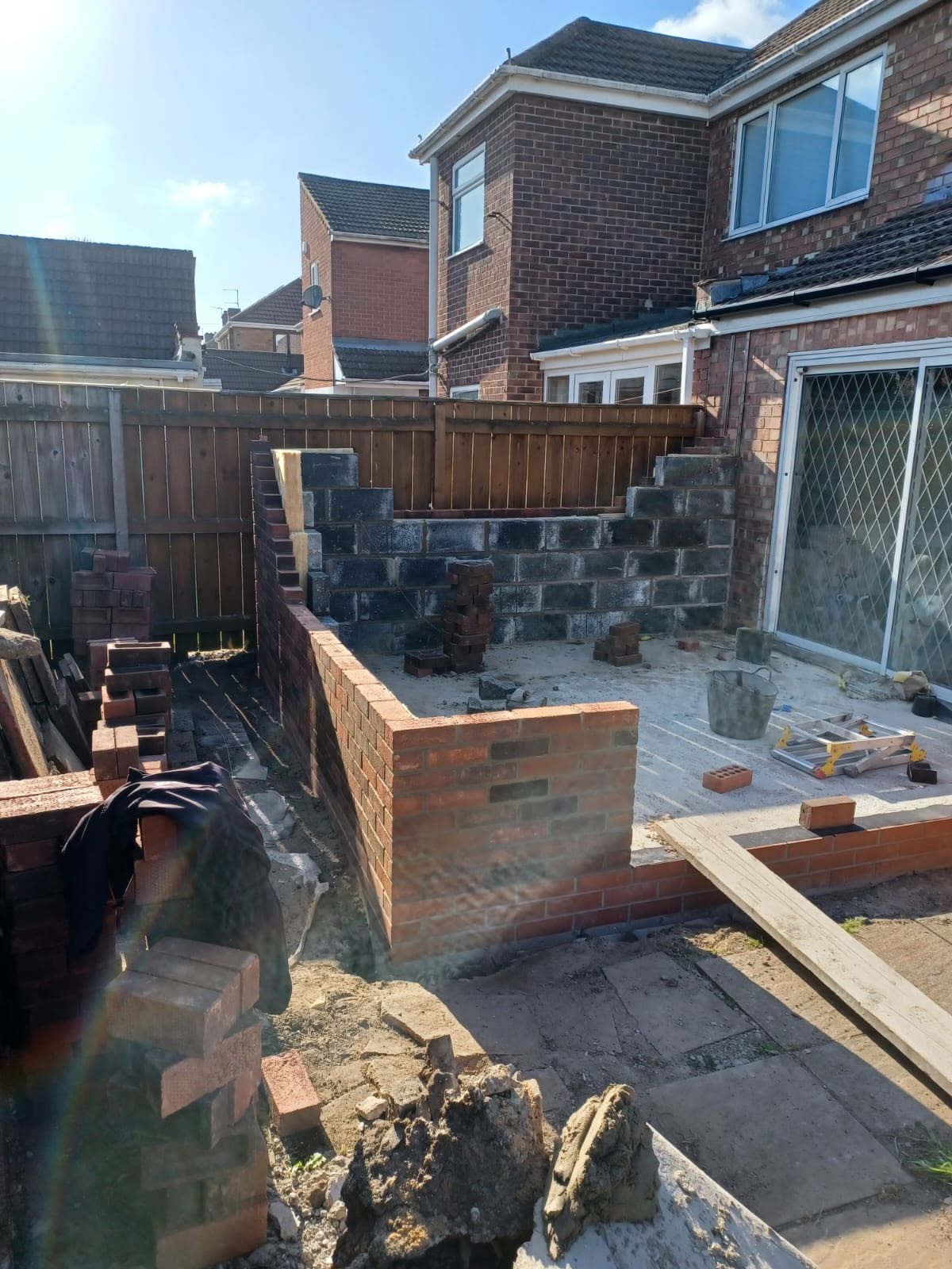Rear garden brick walls and steps being built